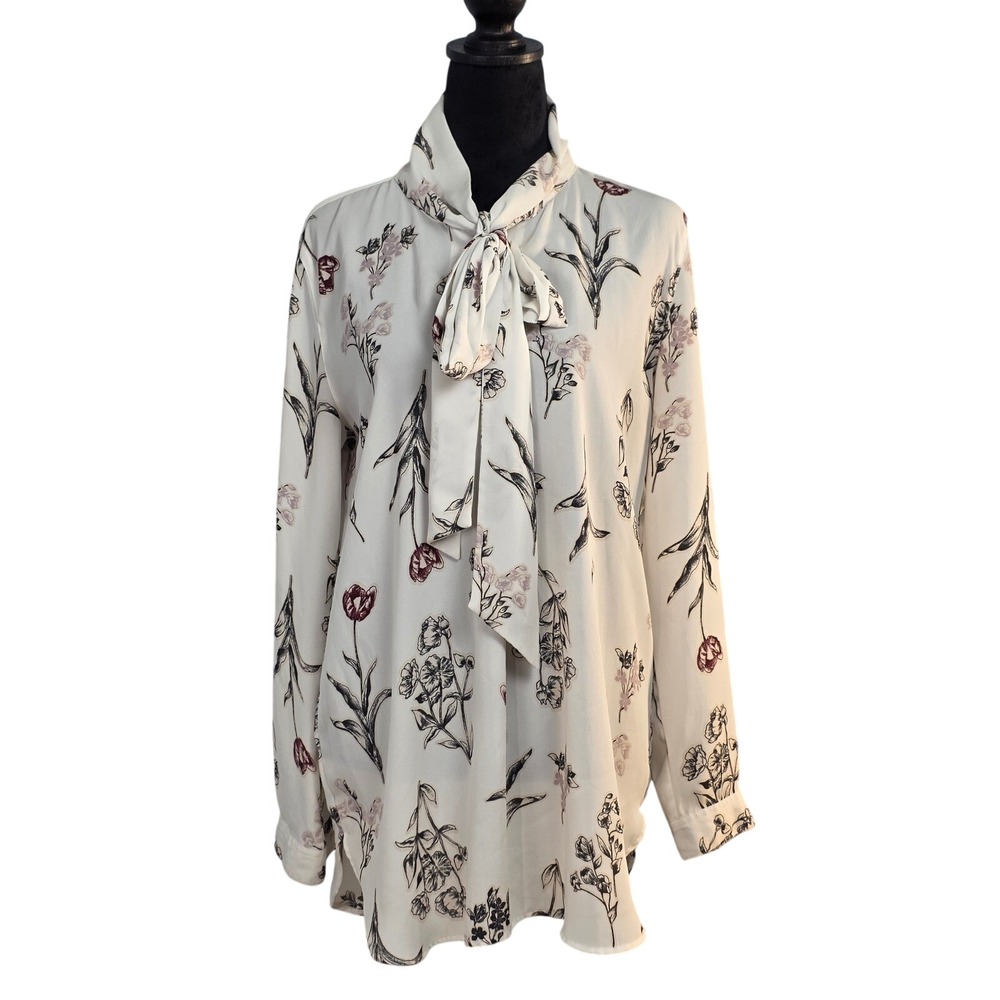 Loft Outlet Womens Floral Tie Neck Blouse Cream Black Long Sleeve Size M